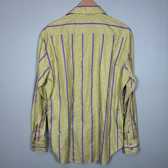 Robert Graham Striped Floral Embroidered Button-Up Shirt-Green/Blue-Men Large - Picture 5 of 9
